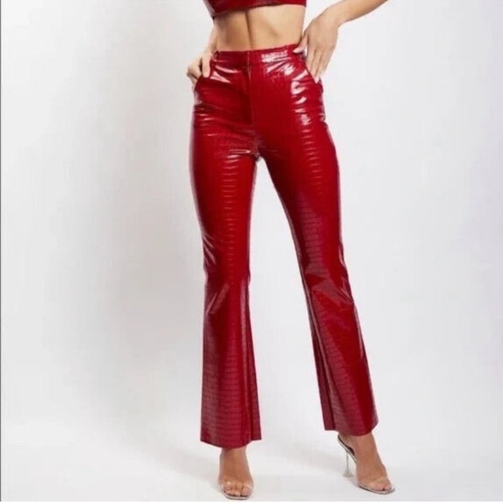 Meshki Red High-Waist Faux Leather Straight Leg Pants